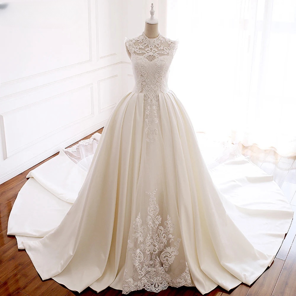 A-line O-neck Pearls Beaded Satin Wedding Dresses Floor Length Sleeveless Draped Bridal Dress With Cathedral Train