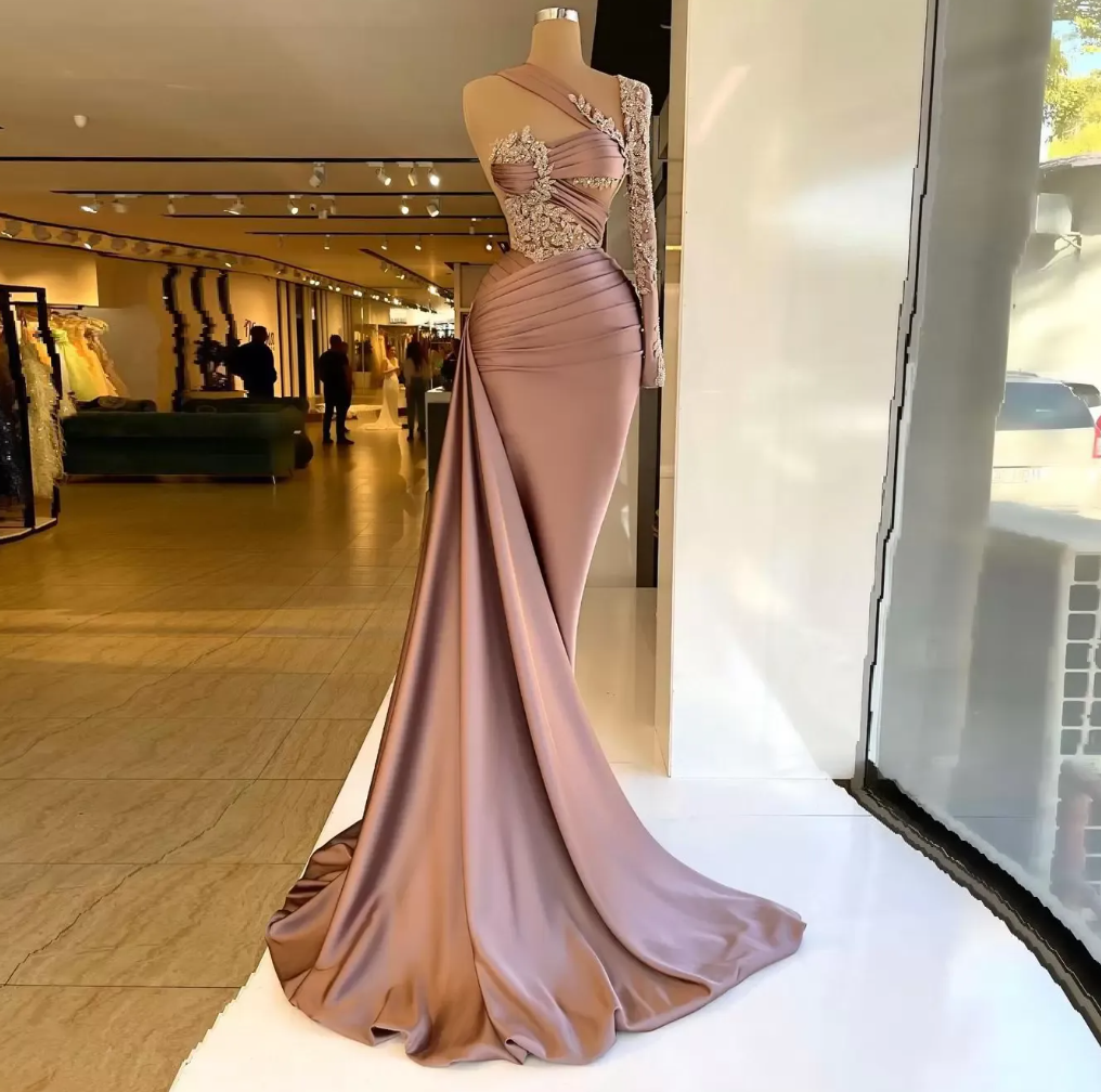 Gorgeous Elegant Prom Dresses Single Long Sleeve Appliques Mermaid Long Train Women Evening Pageant Gowns Plus Size Custom Made