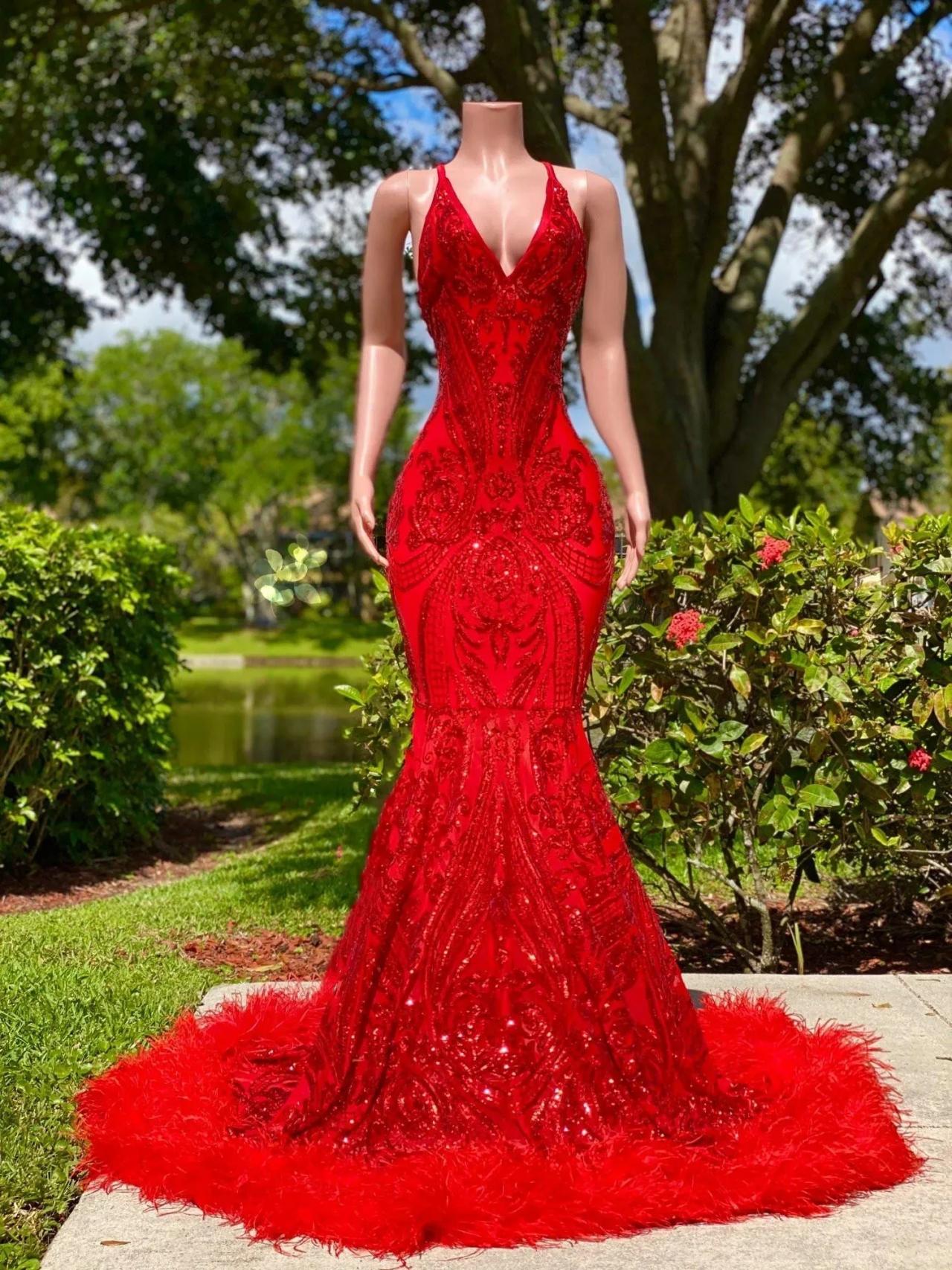 Arabian Sexy Black Girl Mermaid Prom Dresses Red Sequined Elegant Backless Feather Evening Gowns Long Women Formal Dress Robe De Soiree