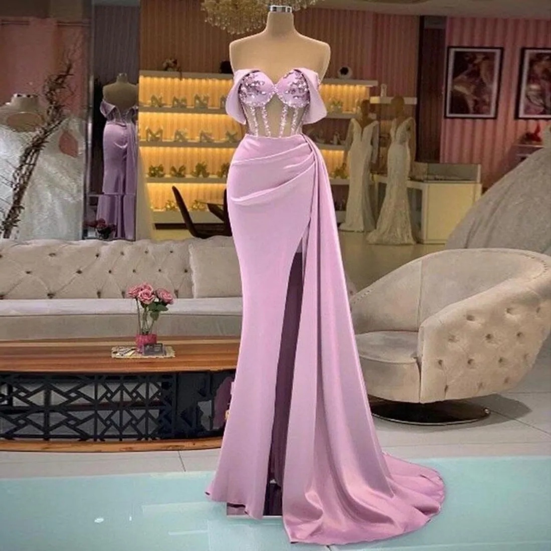 Pink Light Sky Blue Off Shoulder Mermaid Prom Dresses High Side Split Pearls Beaded Formal Evening Party Gowns For Women Satin Cocktail Dress