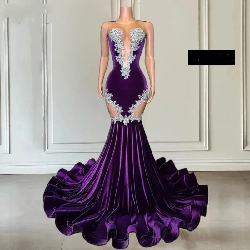 Sexy Lace Purple Mermaid Black Girls Prom Dress Velvet Appliques Beads Sheer Mesh Graduation Party Gowns Vestidos de Fiesta Elegantes Para Mujer