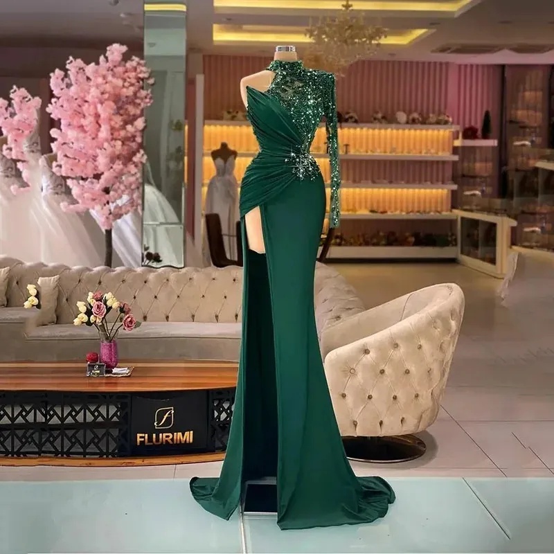 olive green dress in store Tina Holly Couture TA139 Emerald Green Sequin Long Sleeve Mermaid Form