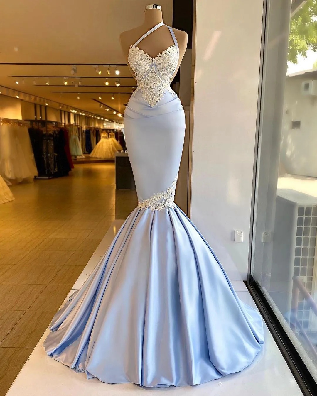 Gorgeous Sexy Light Sky Blue Mermaid Prom Dresses Halter Neck Lace Applique  Open Back Formal Evening on Luulla