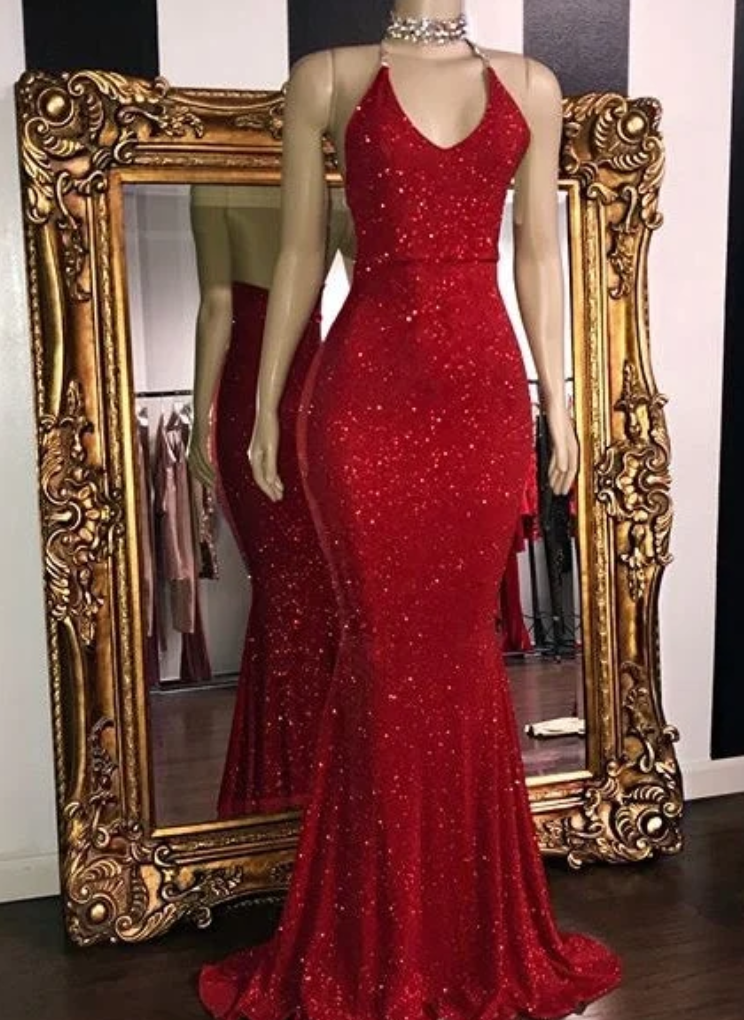 Sparkly Red Mermaid Prom Dresses Long For Women 2025 Sequined Halter Neckline Formal Evening Party Gowns