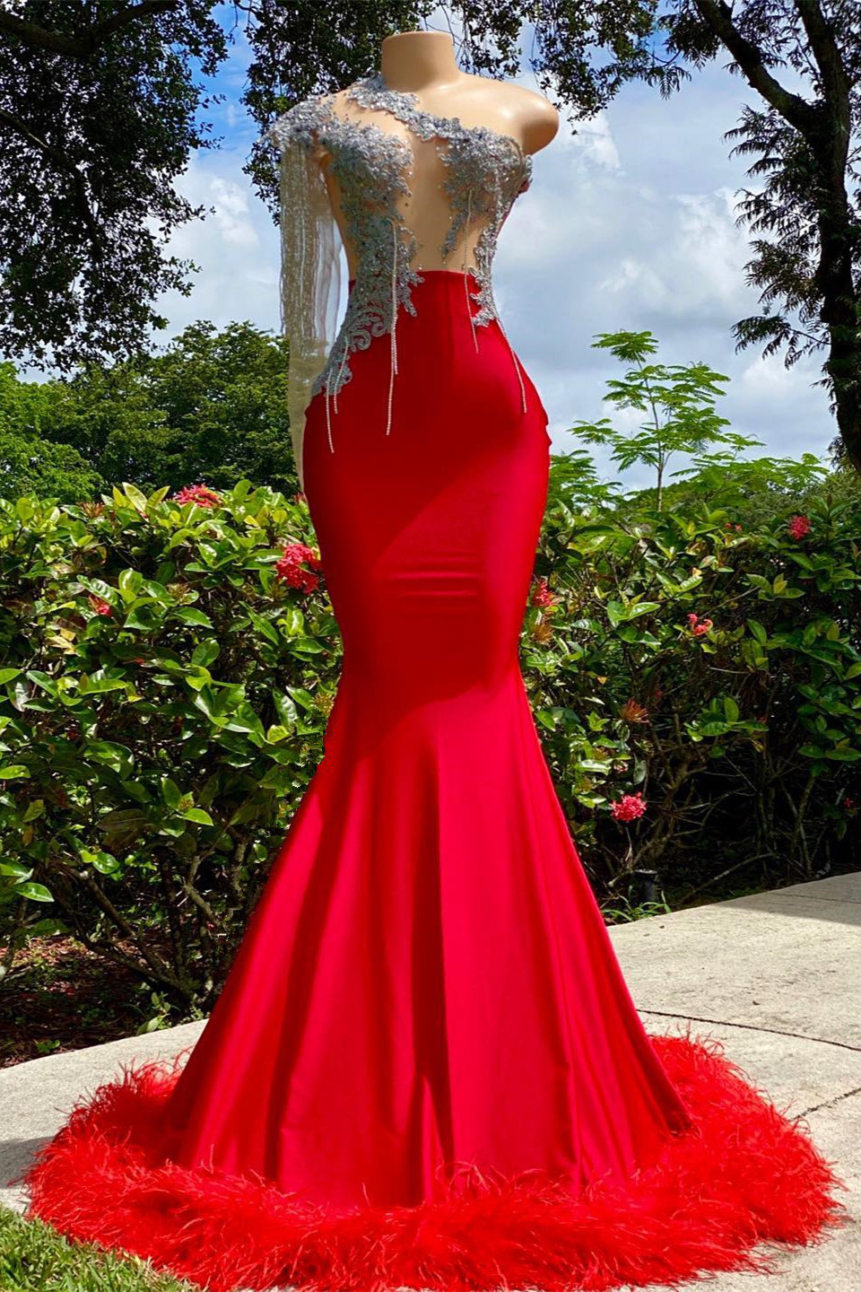 open lace back dress Red Mermaid Lace Applique Prom Dresses Strapless Evening Dress FD3622 –  Viniodress