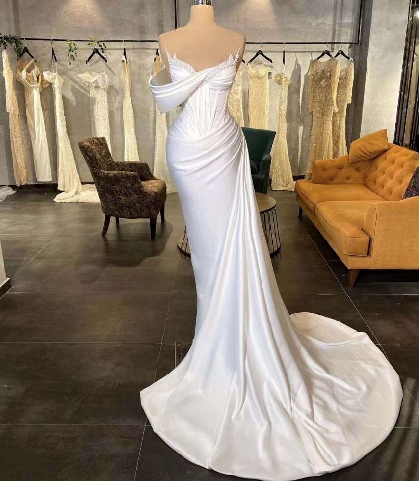 One Shoulder Pearls Satin Prom Dresses Long For Women 2025 Pearls Beading Tight Formal Evening Gowns White Corset Wedding Bridal Dresses