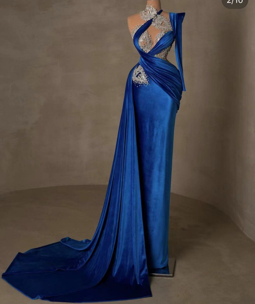 Royal Blue Beaded Prom Dresses Long For Women 2025 Sashes Lace ...