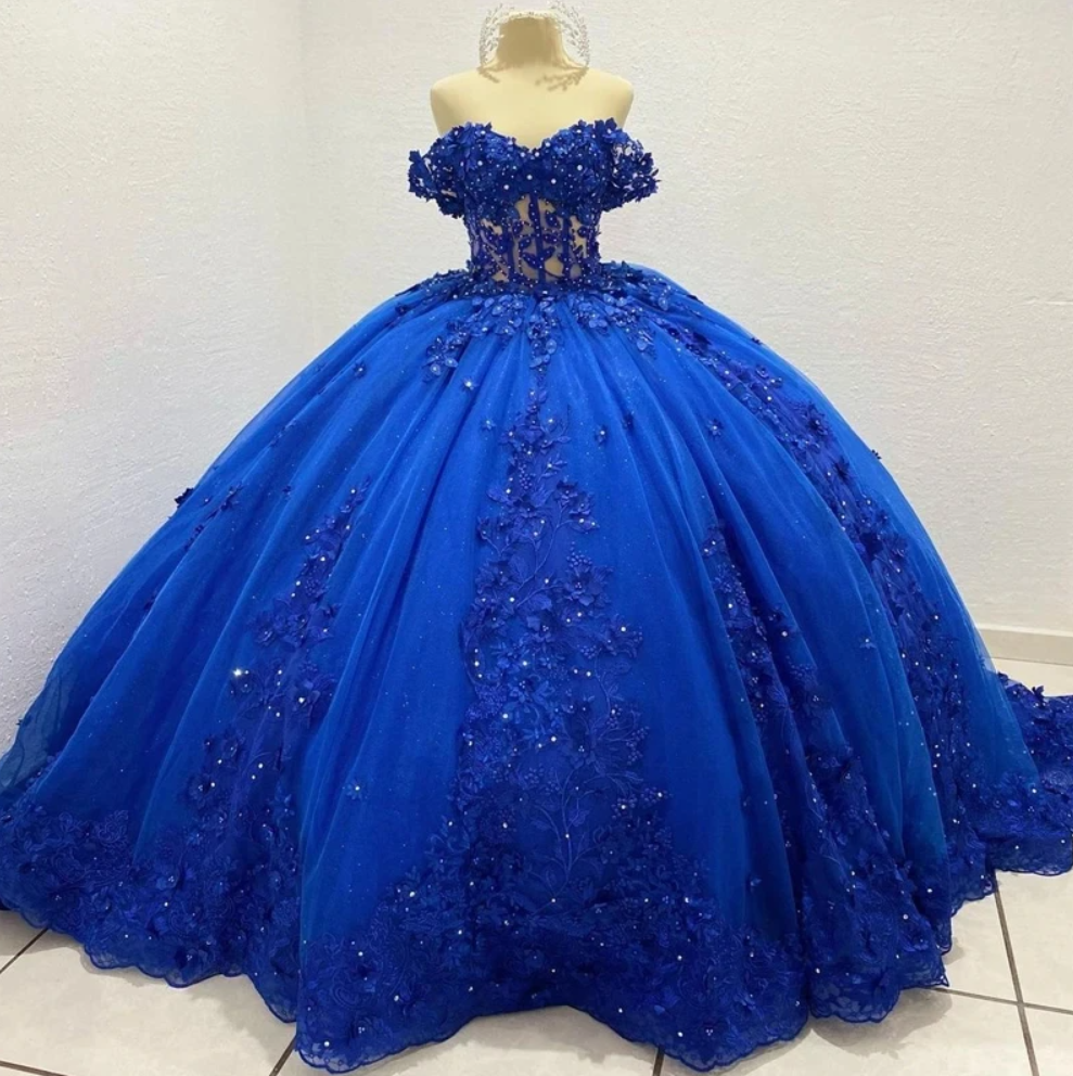 Luxury Royal Blue Quinceanera Dresses Shiny Lace Birthday Party Ball Gown  Vestidos De 15 Aos Corse on Luulla