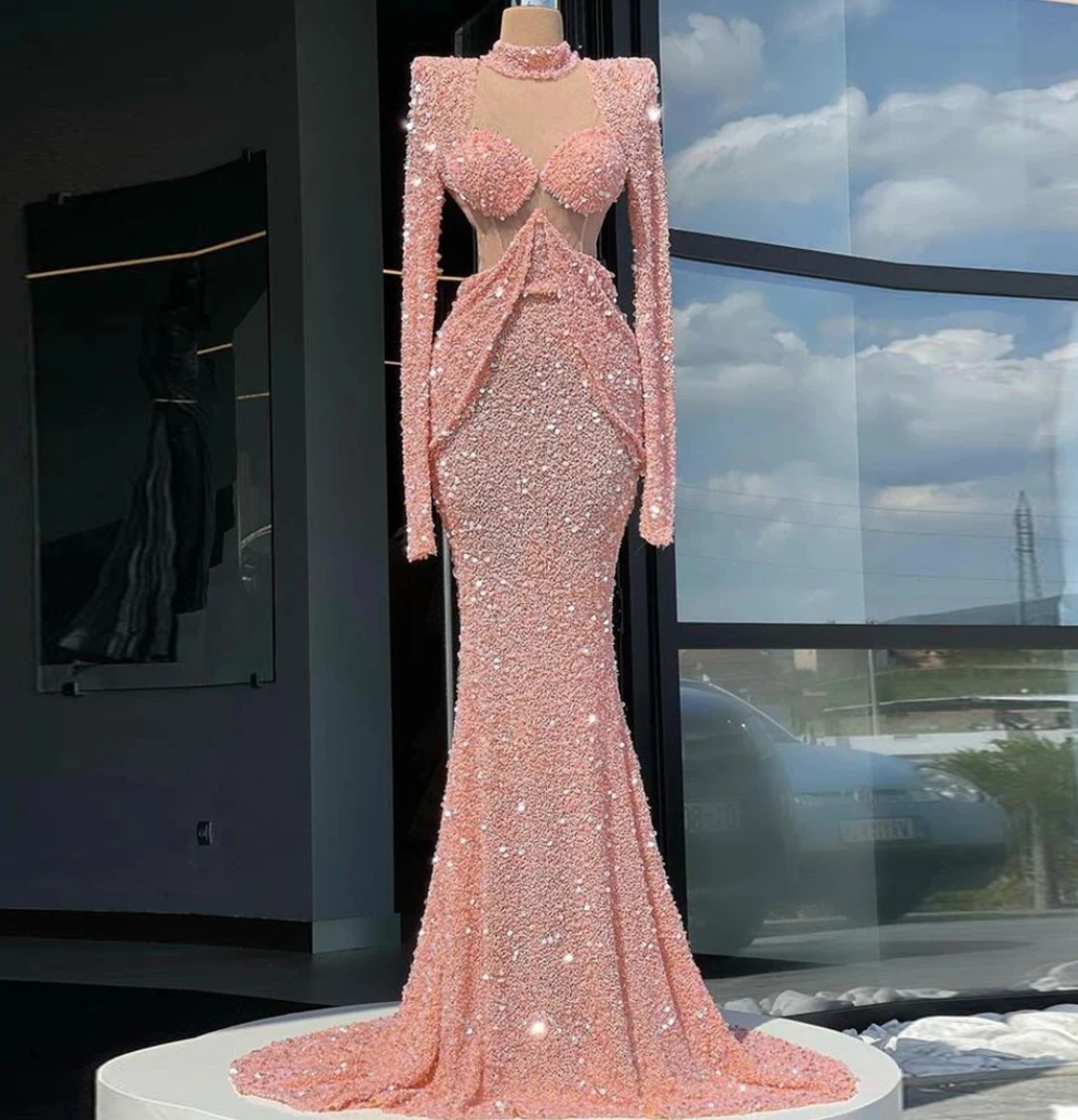 Pink Sparkling Women's Evening Dresses Mermaid Long Sleeve Arab Princess Prom Fashion Celebrity Formal Beach Party Gowns Robe Pink Sparkling Women's Evening Dresses Mermaid Long Sleeve Arab Princess Prom Fashion Celebrity Formal Beach Party Gowns Robe