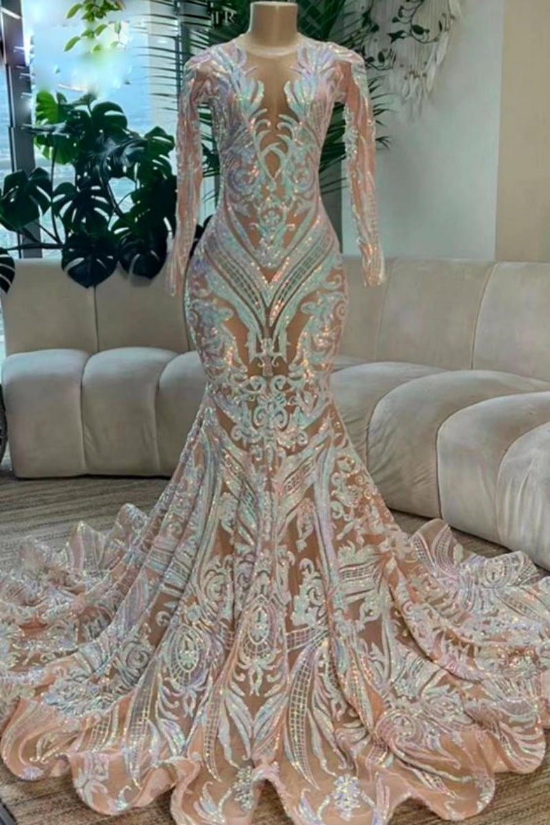 White Sparkly Sequin Mermaid Prom Dresses Long For Women 2025 Crew Neckline Long Sleeve Formal Evening Gowns Party Dresses
