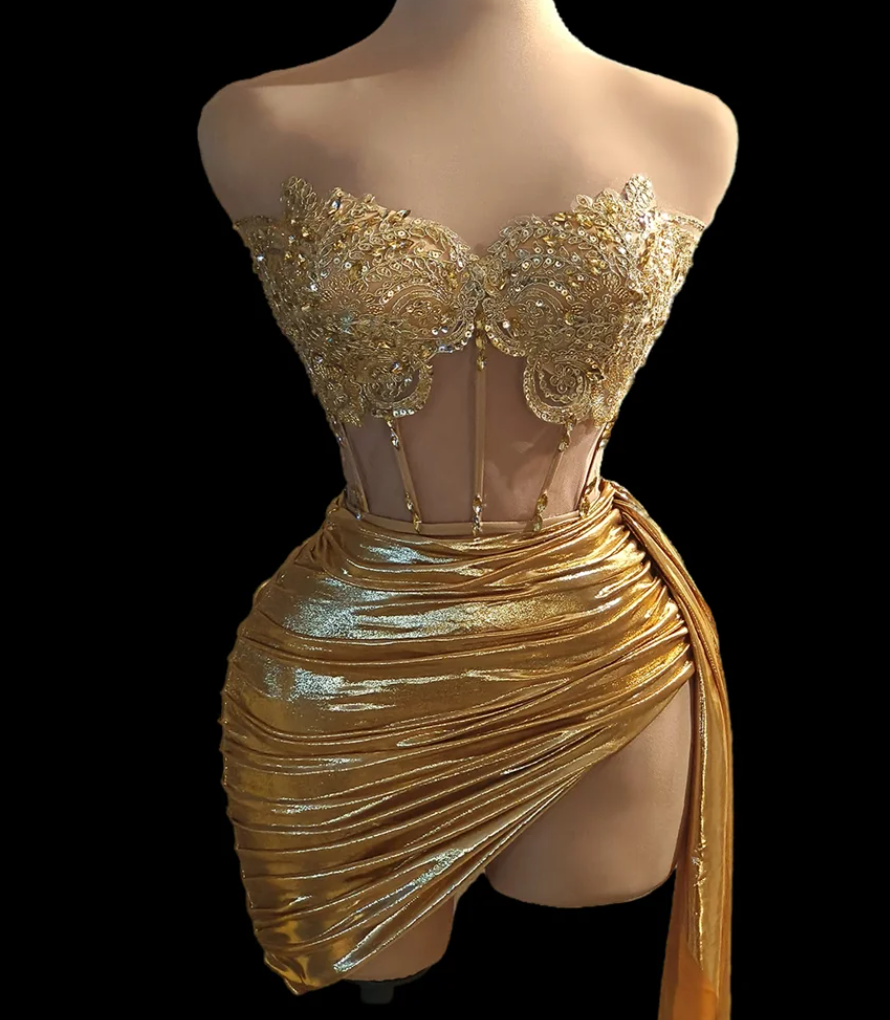 Luxury Gold Diamond Formal Occasion Cocktail Dress 2 piece Set Prom Gown Outfit Sexy Girls Short Pro on Luulla
