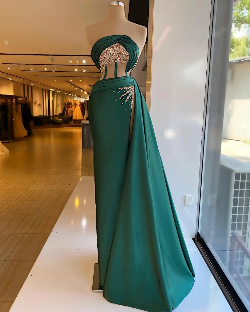 Emerald Green Mermaid Evening Dresses Elegant Illusion Bodice Strapless  Prom Dress Pleats Sequins Sp on Luulla