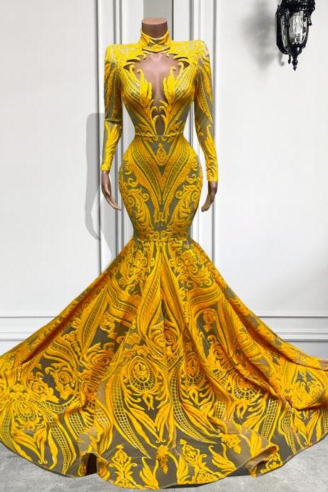 Yellow Prom Dress, Lace Prom Dress, Custom Make Prom Dresses, Mermaid Prom Dresses, Arabic Prom Dresses, Sexy Evening Dresses, Long Sleeve Prom