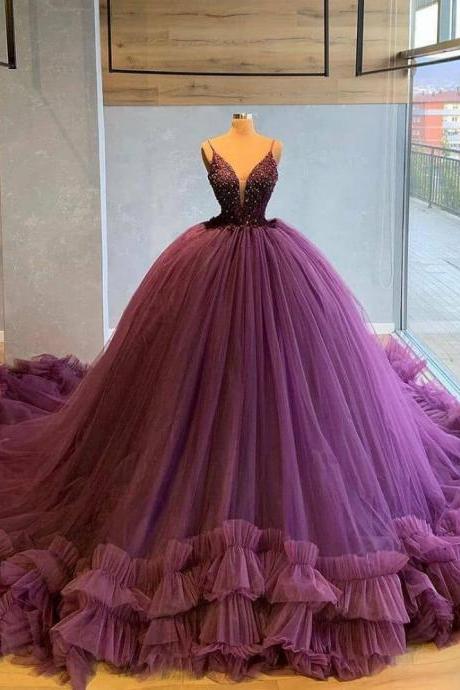 purple prom dresses, beaded prom dresses, puffy prom dresses, ruffle prom dresses, tulle prom dresses, beaded evening dresses, custom make evening dresses, new arrival prom dresses