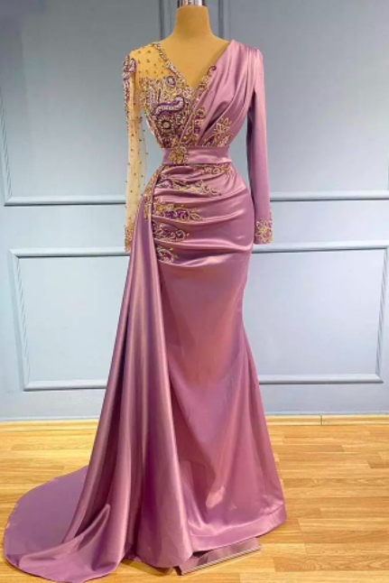 2022 Light Purple Mermaid Evening Dresses Sheer V Neck Appliqued Beaded Long Sleeve Formal Prom Party Second Reception Special Occasion Gowns