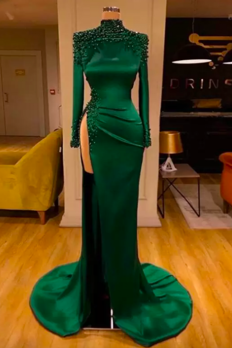 2022 Emerald Green Arabic Evening Dresses Long Sleeves High Slit Sexy Prom Party Dress Chic Beading Mermaid Formal Gowns Dubai Lady