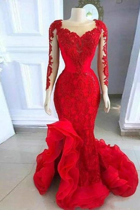 Red Mermaid Evening Dresses Scoop Neckline Long Illusion Sleeve Prom Dress With Lace Applique Sweep Train Custom Made Party Gown
