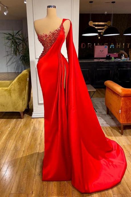 One Shoulder Red Prom Dresses Pearls Beaded Sexy Side Split Long Evening Gowns Plus Size Mermaid Pageant Dress