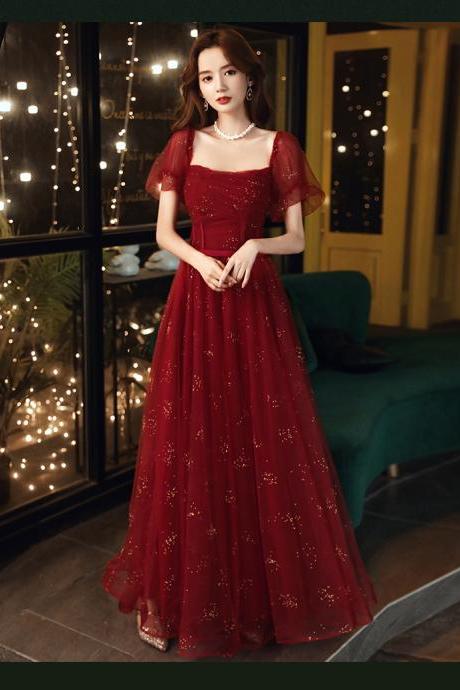Wine Red Women Formal Dress Square Collar Mesh Sleeve Elegant Prom Dresses Lace-up Long Party Gowns Vestidos