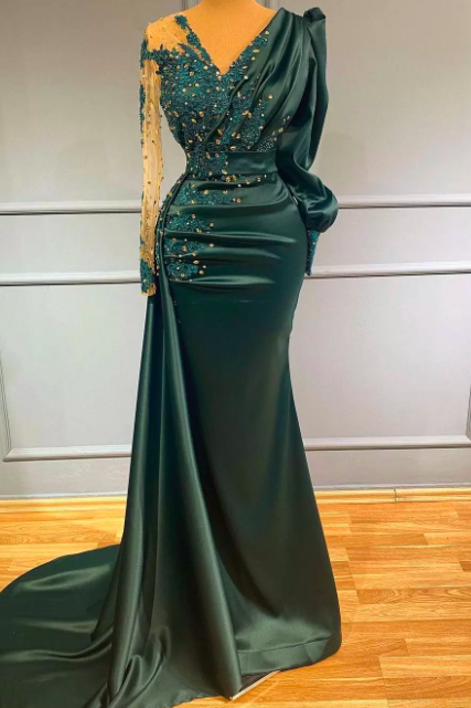 2021 Dark Green V Neck Evening Dresses Party Wear Satin Crystal Long Sleeves Mermaid Prom Dress Custom Made Women Formal Gowns