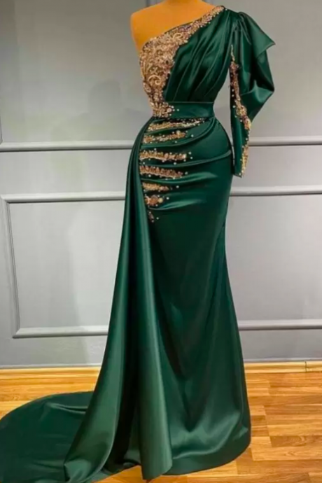 Charming Satin Dark Green Mermaid Evening Dress With Gold Lace Appliques Pearls Beads One Shoulder Pleats Long Formal Occasion Gowns Vestidos De