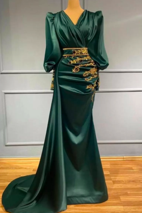 Vintage Dark Green Mermaid Evening Dresses Arabic African Gold Beads Appliques Pleats V Neck Long Satin Party Occasion Gowns Prom Dress
