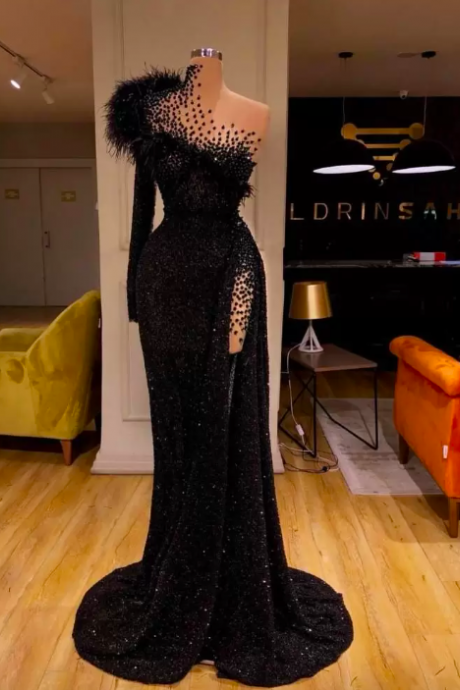 Black Sequined Evening Dresses Beaded Feathers Mermaid Prom Dress High Split Formal Party Second Reception Gowns