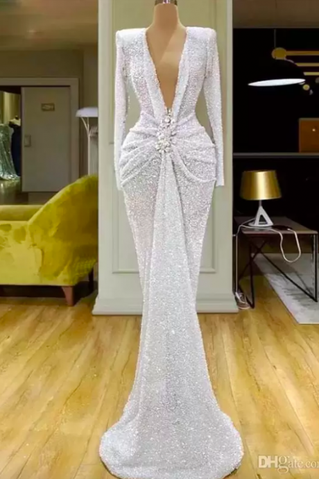 Sexy White Mermaid Evening Dresses Deep V Neck Beads Long Sleeve Sequined Prom Party Dresses Ruched Waist Robe De Soiree