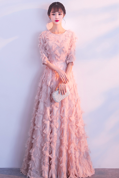 Feather Lace Pink Evening Dresses Long 2021 O-neck With Half Sleeves A-line Floor-length Formal Dresses Women Elegant