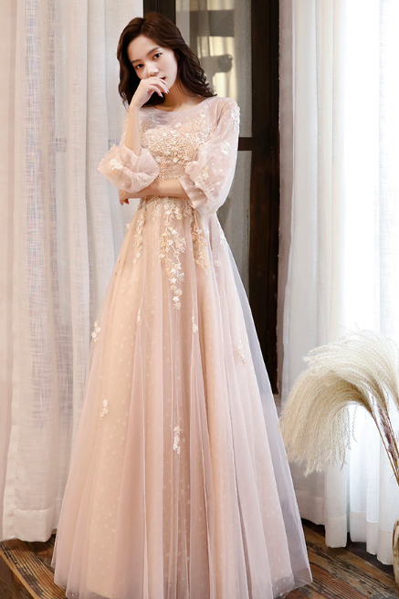 Long Sleeves Prom Dresses 2020 Elegant O-neck Appliques Lace A-line Floor-length Long Women Evening Gowns