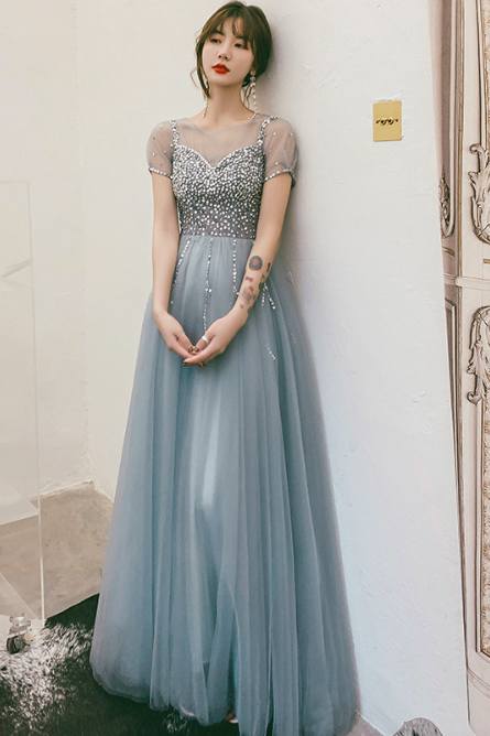Gray Prom Dresses Long 2023 Elegant O-neck A-line Floor-length Tulle Backless Women Evening Dresses With Rhinestone
