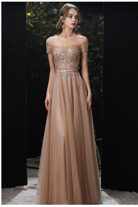 Elegant Off The Shoulder Long Gown For Prom Party Luxury Handmade Beading Sequins Tulle Women Formal Evening Dresses