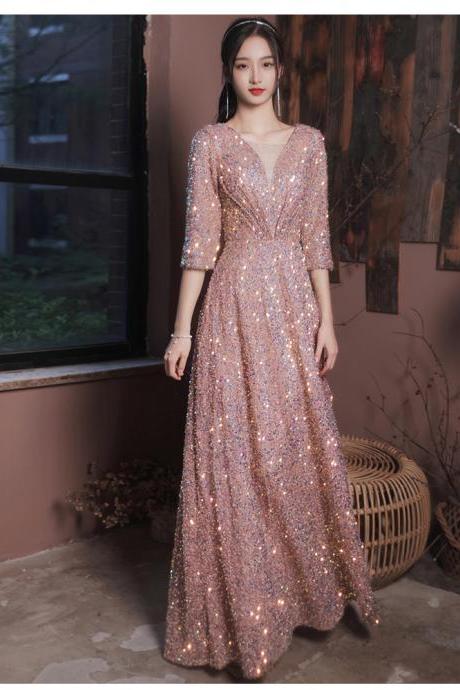 Pink Sequin Evening Dresses For Engagement Elegant V-neck A-line Floor-length Sparkly Long Women Formal Gowns With Sleeves