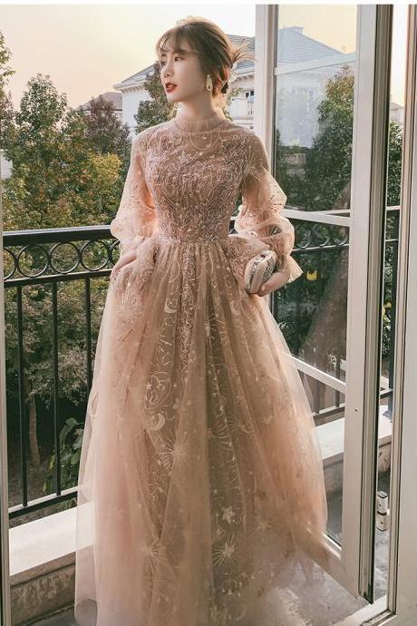 Modest Evening Dresses With Long Sleeves 2023 Luxury Sequin Lace Tulle A-line Floor-length Women Formal Gowns