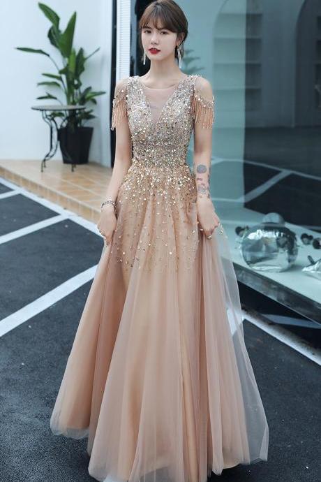 Handmade Sequined Tulle Gowns For Prom 2023 Elegant O-neck A-line Champagne Long Evening Dresses Luxury Special Occasion Dresses