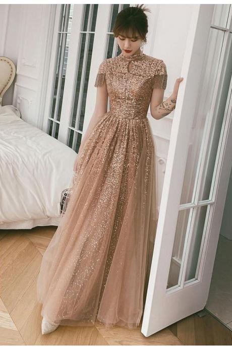 Sparkly Sequin Evening Dresses With Beads Elegant O-neck A-line Floor-length Backless Long Prom Gowns