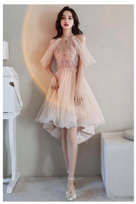 Sexy Halter Short Homecoming Dresses 2021 Appliques Sequined Tulle High Low Prom Gowns For Graduation Party