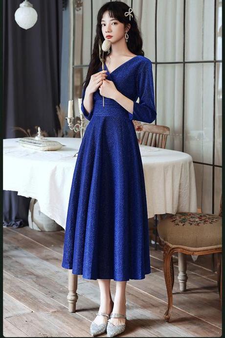Long Sleeve Cocktail Party Dresses 2022 Elegant V-neck A-line Tea-length Royal Blue Prom Dresses For Graduation