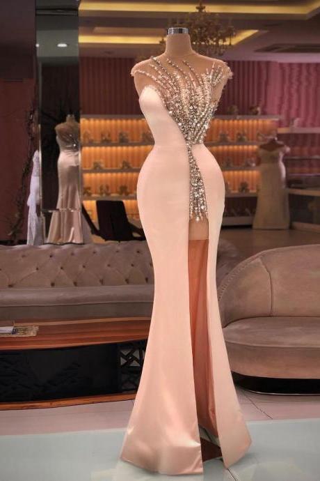 2022 Sexy Mermaid Pink Prom Dresses Cap Sleeves Illusion Crystal Beading Floor Length Side Split Evening Party Gowns Special Occasion Wears