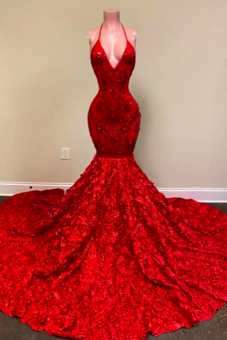 2022 Sexy Dark Red Prom Dresses Halter Sequined Lace Mermaid 3d Floral Flowers Open Back Deep V Neck Sequins Formal Evenings Dress Bridesmaid