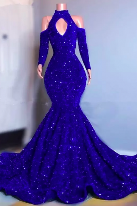 2023 Sexy Royal Blue Velvet Crystal Sequins Evening Dresses Wear Long Sleeves Mermaid Prom Gowns Elegant Off Shoulder Women Formal Dress