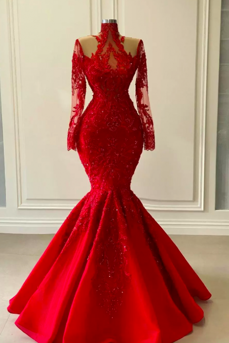 2023 Sexy Arabic Aso Ebi Red Luxurious Lace Crystal Beaded Prom Dresses Shiny Long Sleeves High Neck Illusion Mermaid Evening Gowns Vestidos