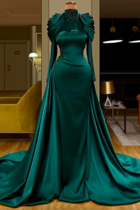 2022 Emerald Green Evening Dresses Wear Mermaid High Neck Arabic Sexy Long Sleeves Crystal Beads Prom Dress Formal Party Second Reception Gowns