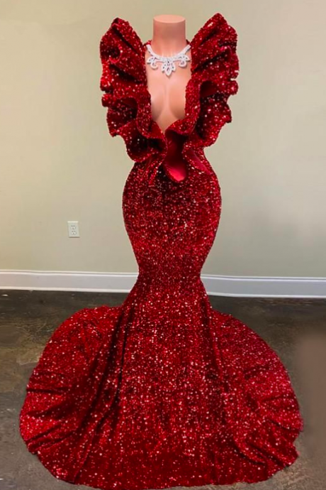 2022 Sexy Dark Red Sequins Mermaid Evening Dresses Wear Sleeveless Deep V Neck Ruffles Sequined Lace Special Occasion Prom Party Gowns Vestidos