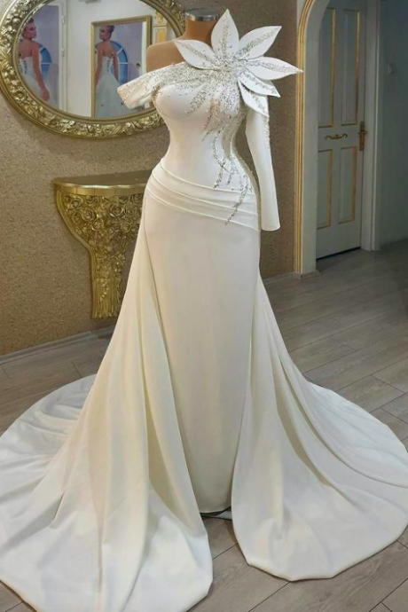 2022 Sexy Mermaid Wedding Dresses Gowns Off Shoulder Long Sleeve Crystal Bridal Formal Wears