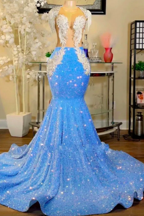 Glitter Light Sky Blue Sequins Prom Party Dresses 2023 Sexy Backless Lace Appliuqe Black Girl Birthday Party Evening Gowns Vestidos De Gala Robe