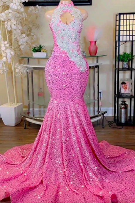 Charming Pink Sequins Prom Dresses 2023 Black Girls Luxury Mermaid Evening Formal Occasion Gowns Halter Neck Lace Vestidos De Gala Robe De Soiree