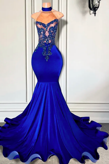 Long Prom Formal Dresses 2023 Elegant High Neck Luxury Beaded Embroidery Royal Blue Spandex Black Girl Mermaid Evening Gala Gowns Robe De Soiree