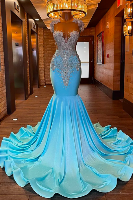 Long Sparkly Prom Formal Dress 2023 Sexy Sheer Top Luxury Diamond Light Blue Black Girls Mermaid Birthday Gala Party Gowns Robe De Soiree