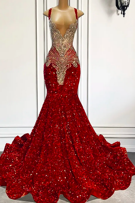 Gorgeous Long Prom Dress 2023 Mermaid Style Luxury Sparkly Silver Crystals Red Sequin Black Girls Evening Party Formal Gowns Robe De Soiree
